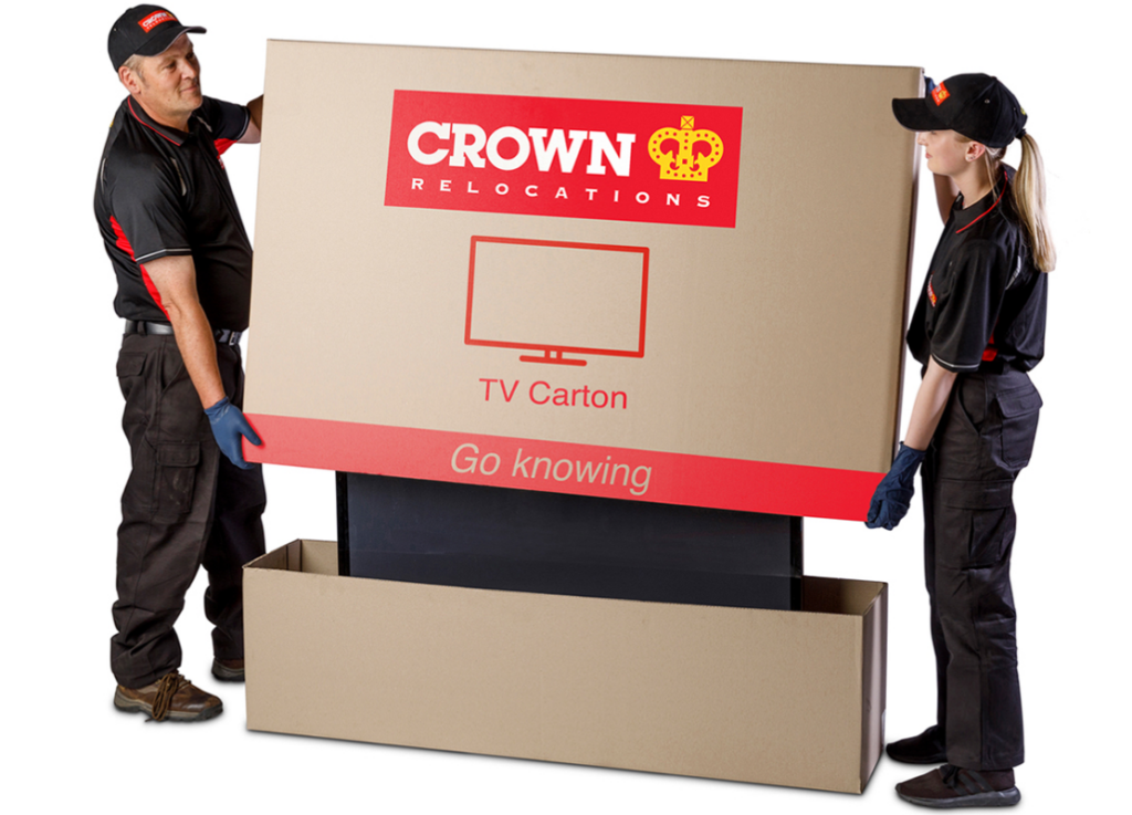 Moving service employees with TV carton box