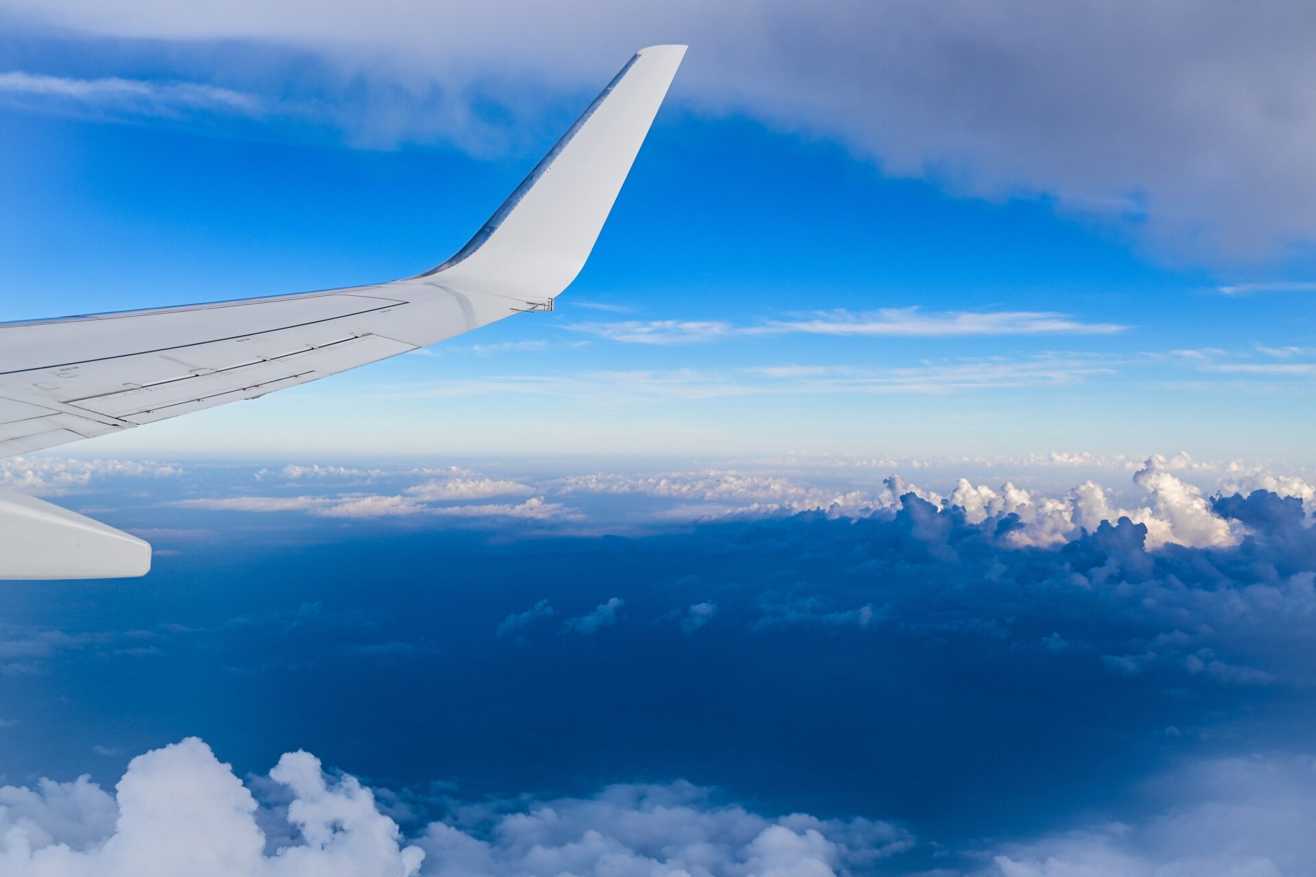 Aircraft wing contrasting with the backdrop of a clear blue sky