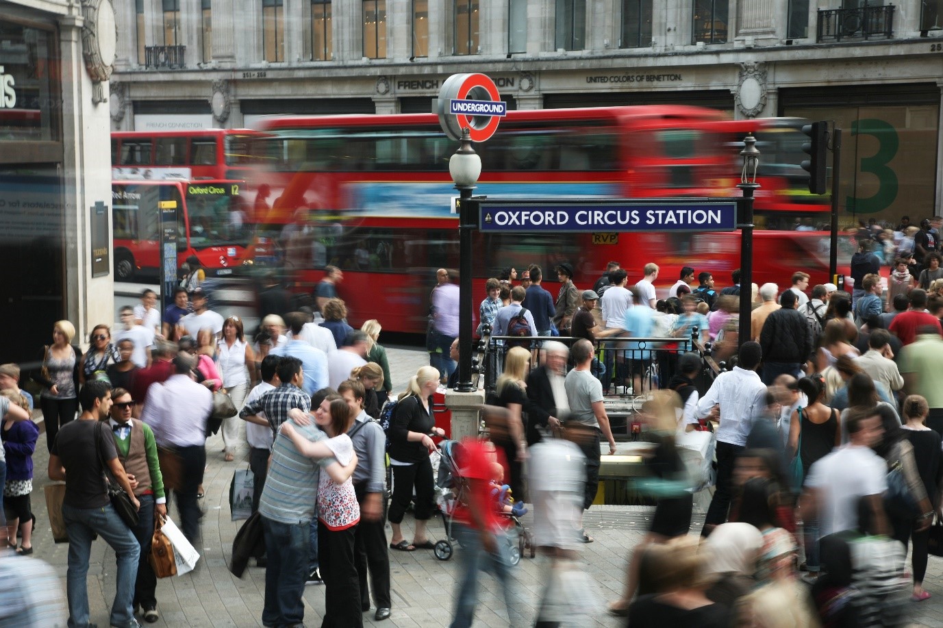 Crowded Oxford Circus Station entrance in London