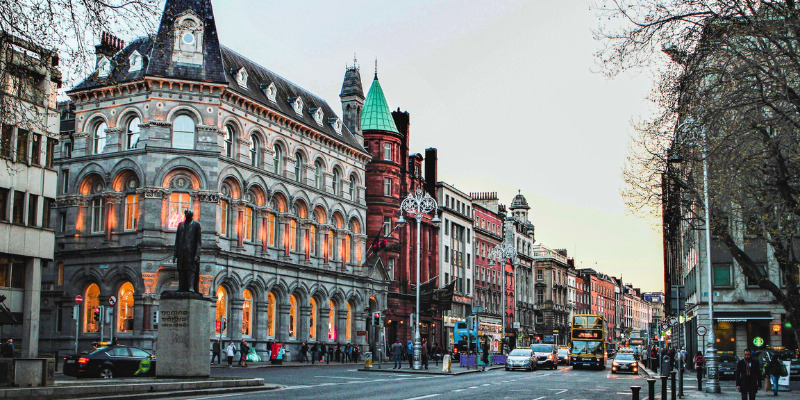 Cityscape of Dublin, Ireland, featuring historic landmarks and vibrant streets