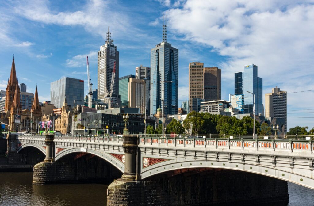 Melbourne city skyline against a blue sky in Australia